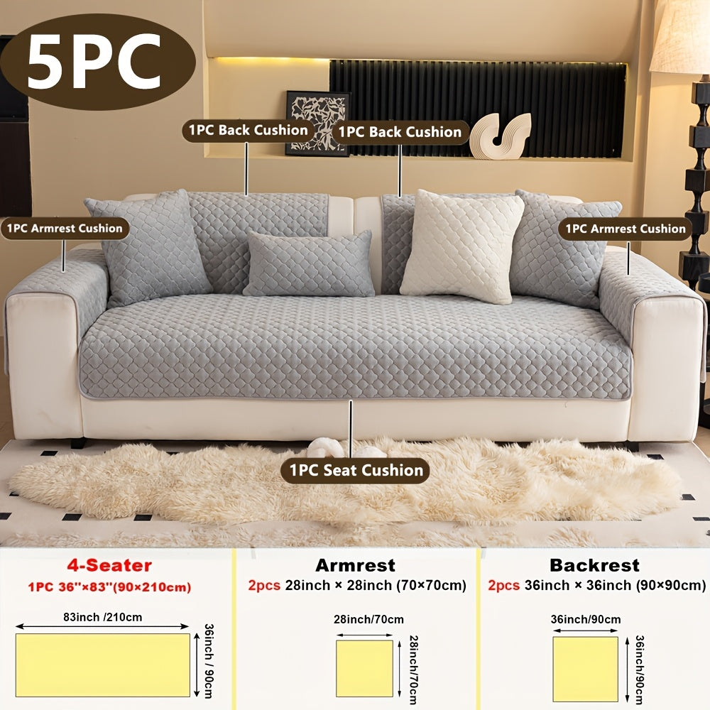 Four Square Grid 5pcs Modern Solid Color Sofa Cushion, 1 Sofa Seat Cushion\u002F2 Backrest Cushions\u002F2 Armrest Cushions, Universal Sofa Cover for All Seasons, Pet Friendly, Furniture Protector, Suitable for All Sofas, Machine Washable, Living Room