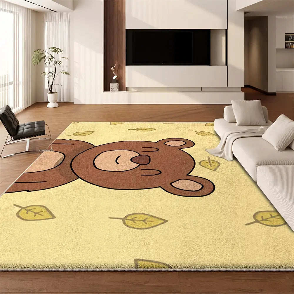 Modern Vintage Bear & Leaf Pattern Mat - Soft Polyester Square Mat with & Brown Striped Design, Machine Washable, Non-Slip Backing for Living Room, Bedroom, Office - Cozy Home Decor In Earthy Tones, Rugs For Living Room, Bedroom Accent