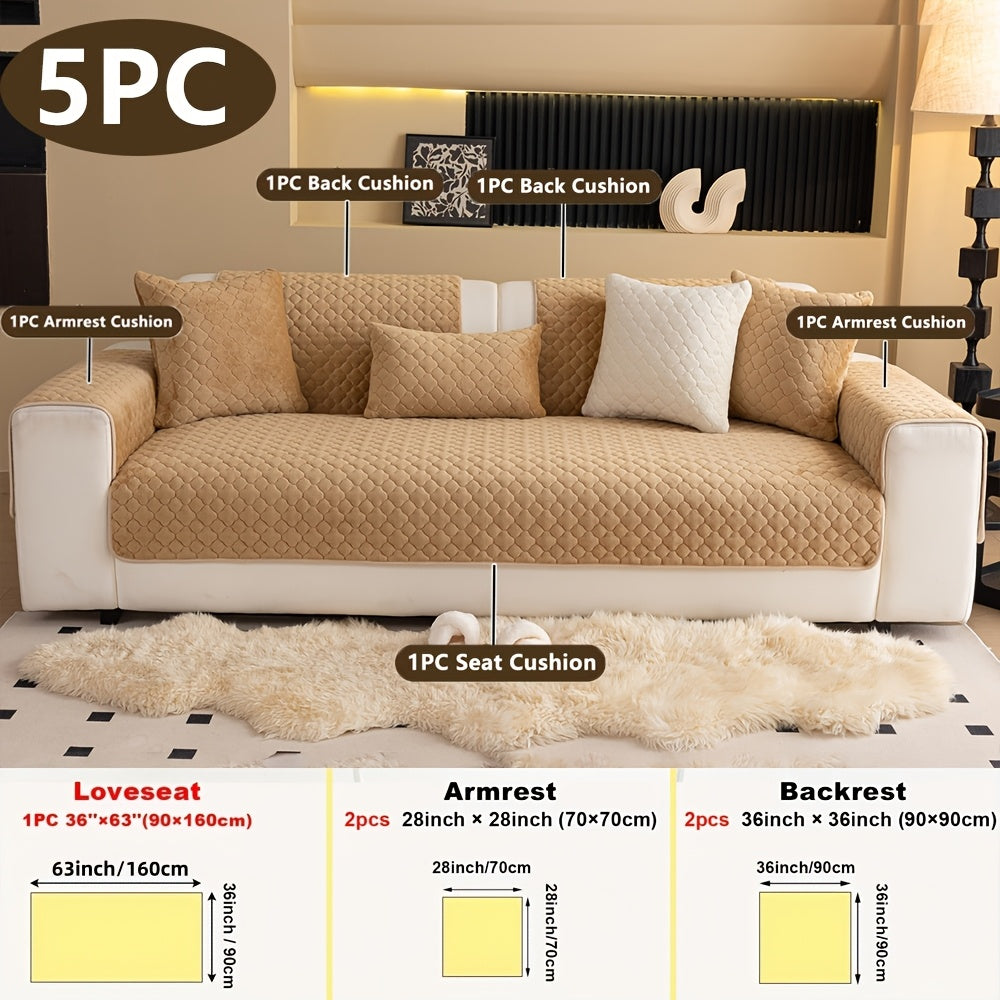 Four Square Grid 5pcs Modern Solid Color Sofa Cushion, 1 Sofa Seat Cushion\u002F2 Backrest Cushions\u002F2 Armrest Cushions, Universal Sofa Cover for All Seasons, Pet Friendly, Furniture Protector, Suitable for All Sofas, Machine Washable, Living Room