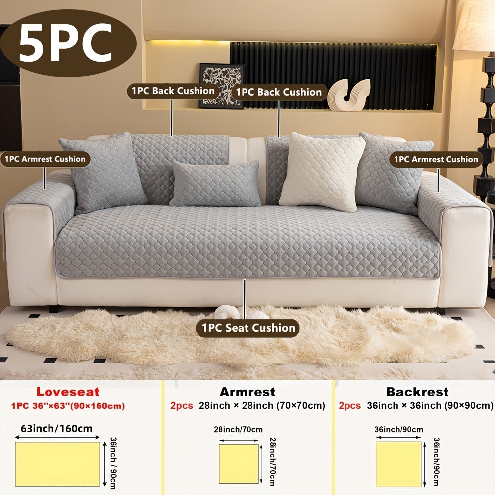 Four Square Grid 5pcs Modern Solid Color Sofa Cushion, 1 Sofa Seat Cushion\u002F2 Backrest Cushions\u002F2 Armrest Cushions, Universal Sofa Cover for All Seasons, Pet Friendly, Furniture Protector, Suitable for All Sofas, Machine Washable, Living Room