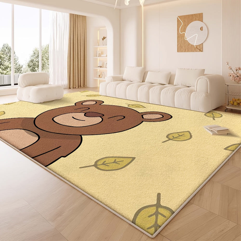 Modern Vintage Bear & Leaf Pattern Mat - Soft Polyester Square Mat with & Brown Striped Design, Machine Washable, Non-Slip Backing for Living Room, Bedroom, Office - Cozy Home Decor In Earthy Tones, Rugs For Living Room, Bedroom Accent