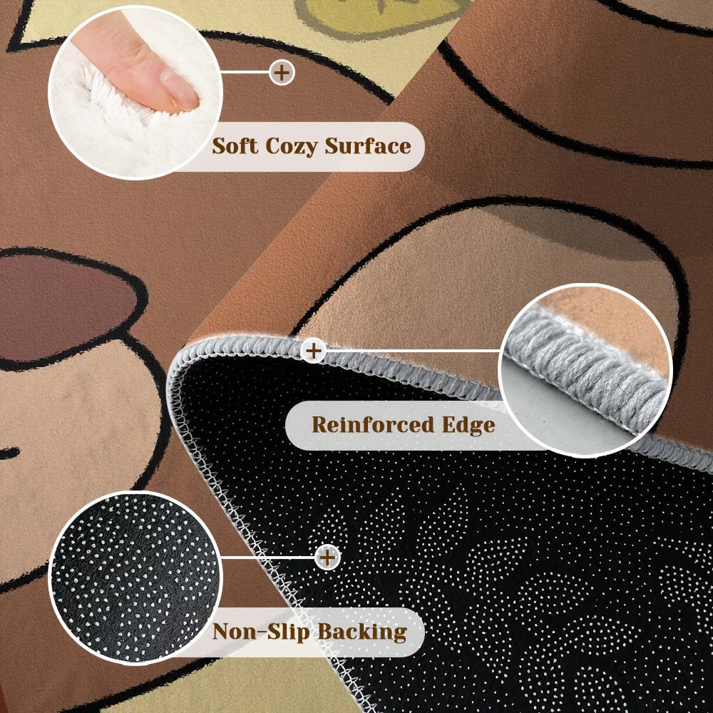 Modern Vintage Bear & Leaf Pattern Mat - Soft Polyester Square Mat with & Brown Striped Design, Machine Washable, Non-Slip Backing for Living Room, Bedroom, Office - Cozy Home Decor In Earthy Tones, Rugs For Living Room, Bedroom Accent