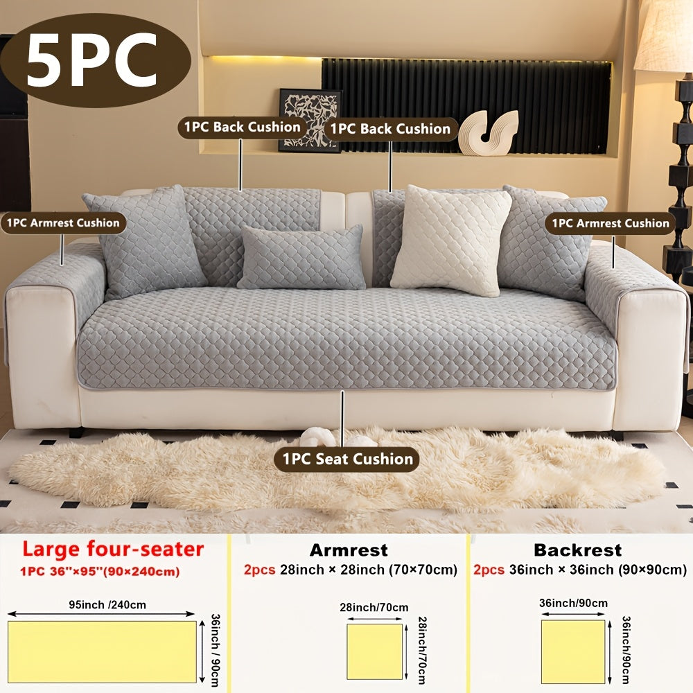 Four Square Grid 5pcs Modern Solid Color Sofa Cushion, 1 Sofa Seat Cushion\u002F2 Backrest Cushions\u002F2 Armrest Cushions, Universal Sofa Cover for All Seasons, Pet Friendly, Furniture Protector, Suitable for All Sofas, Machine Washable, Living Room