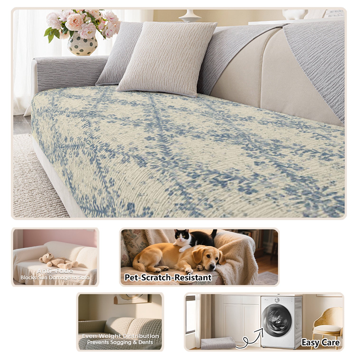 Printed Sofa Cushion, Light Blue Sofa Cushion, Vintage and Fresh, with Elegant Texture, Adding a Gentle and Artistic Atmosphere to the Sofa. All-season Sofa Cushion, Sofa Seat Cushion, Pet-scratch-resistant Sofa Cushion, Living Room and Office Sofa