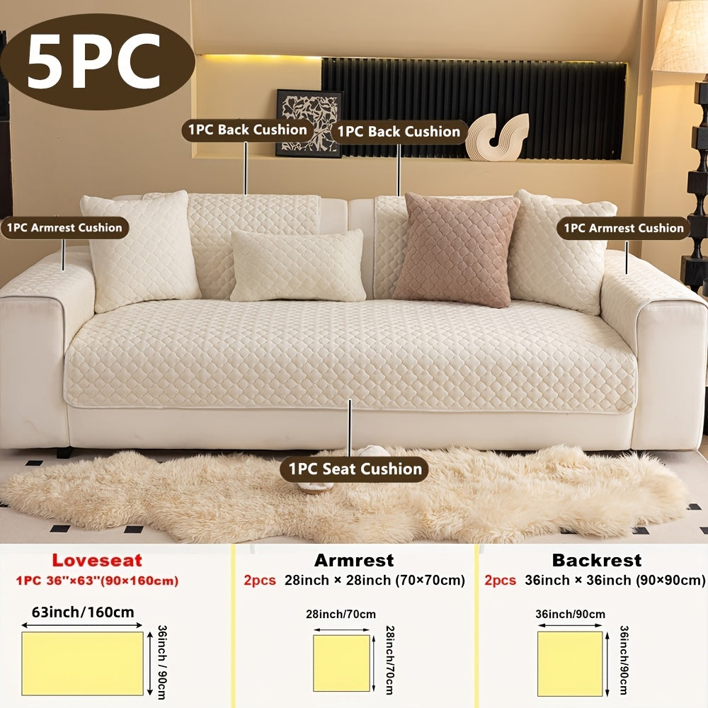 Four Square Grid 5pcs Modern Solid Color Sofa Cushion, 1 Sofa Seat Cushion\u002F2 Backrest Cushions\u002F2 Armrest Cushions, Universal Sofa Cover for All Seasons, Pet Friendly, Furniture Protector, Suitable for All Sofas, Machine Washable, Living Room