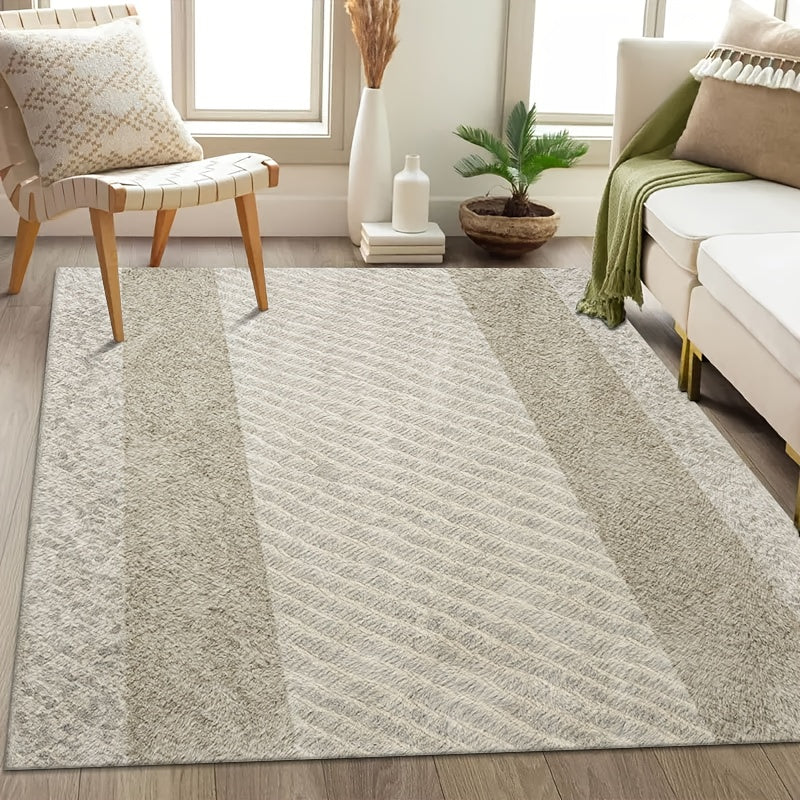 One Piece of a Contemporary Abstract Area Rug Featuring a Chic Geometric Pattern in Gentle Beige And Cream Shades. This Soft And Comfortable Indoor Carpet Is Ideal for Your Living Room, Bedroom