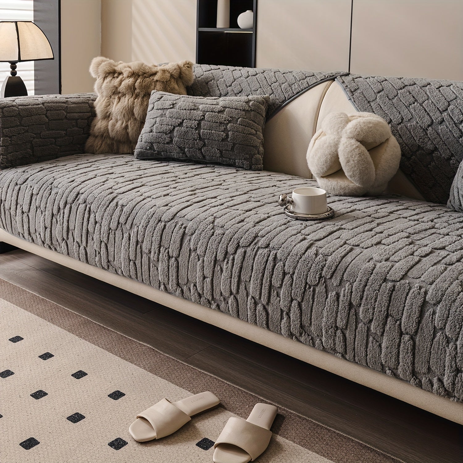 1pc AICHO HOUSE Plush Sofa Cushion - Luxury Jacquard Gray\u002FBeige\u002FWhite\u002FBlack, Soft Warm All- Fit for 1\u002F2\u002F3\u002F4-Seater Couches, Machine Washable Modern Bedspread-Style Cushion (Compatible with Sectional Sofas)