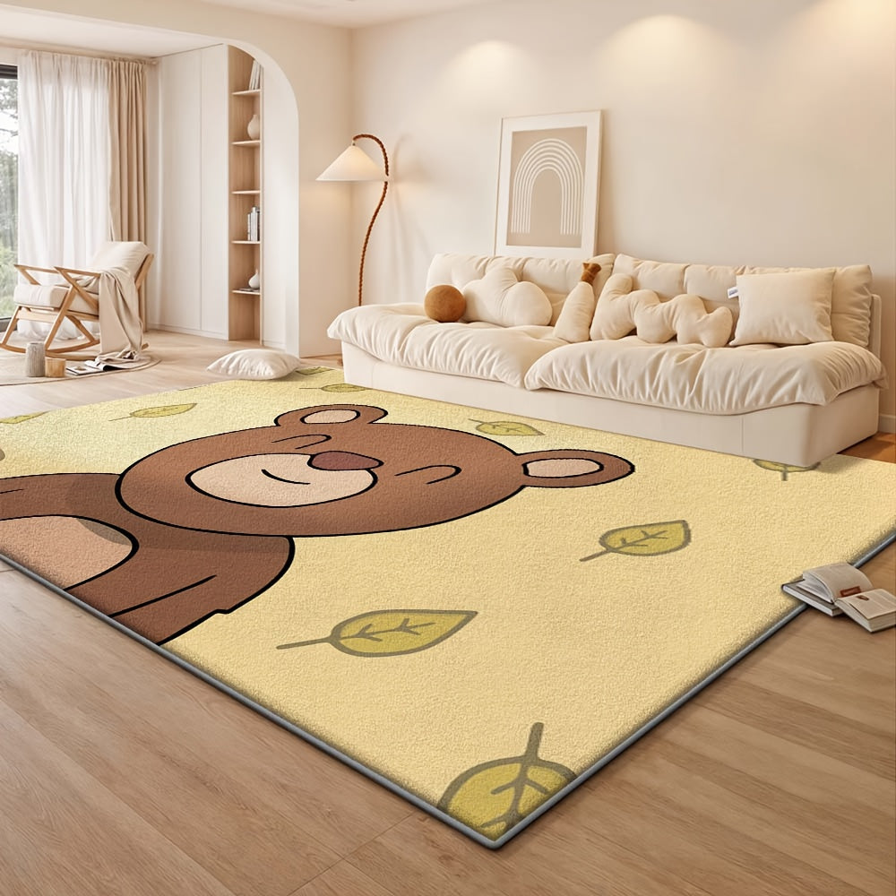 Modern Vintage Bear & Leaf Pattern Mat - Soft Polyester Square Mat with & Brown Striped Design, Machine Washable, Non-Slip Backing for Living Room, Bedroom, Office - Cozy Home Decor In Earthy Tones, Rugs For Living Room, Bedroom Accent