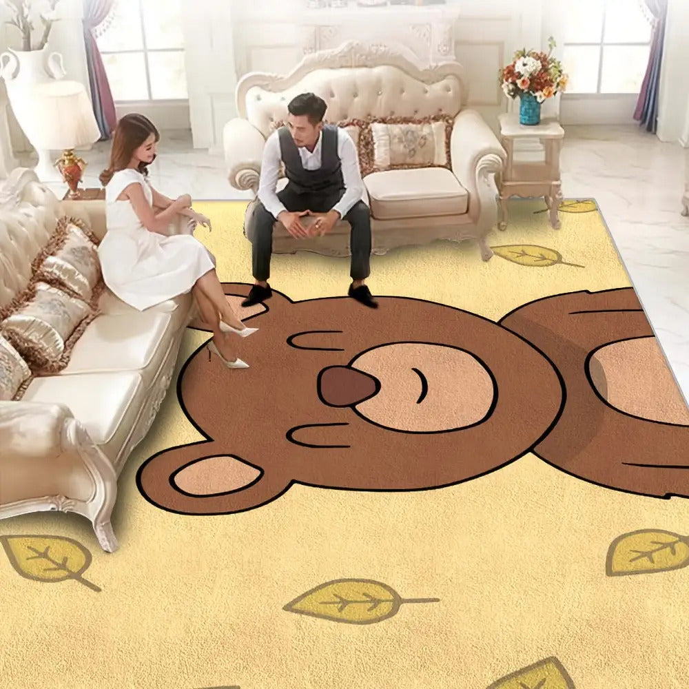 Modern Vintage Bear & Leaf Pattern Mat - Soft Polyester Square Mat with & Brown Striped Design, Machine Washable, Non-Slip Backing for Living Room, Bedroom, Office - Cozy Home Decor In Earthy Tones, Rugs For Living Room, Bedroom Accent