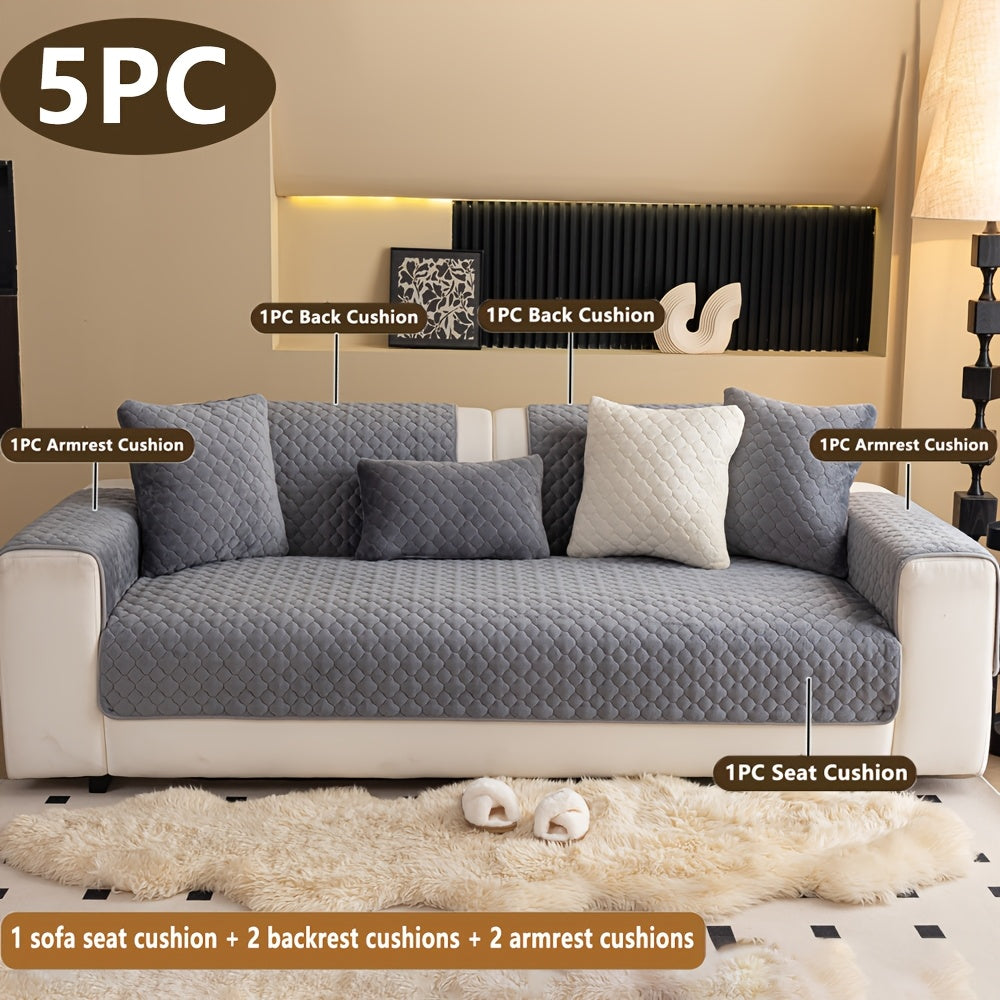 Four Square Grid 5pcs Modern Solid Color Sofa Cushion, 1 Sofa Seat Cushion\u002F2 Backrest Cushions\u002F2 Armrest Cushions, Universal Sofa Cover for All Seasons, Pet Friendly, Furniture Protector, Suitable for All Sofas, Machine Washable, Living Room