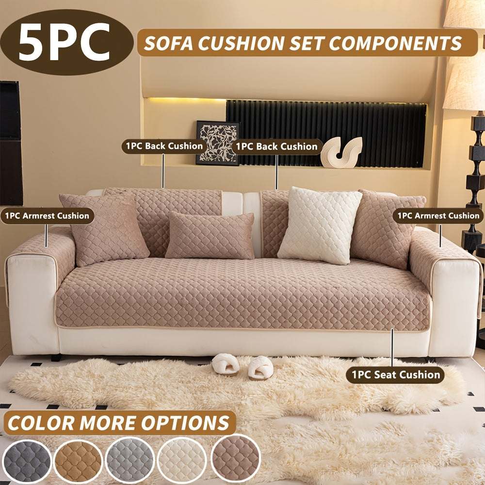 Four Square Grid 5pcs Modern Solid Color Sofa Cushion, 1 Sofa Seat Cushion\u002F2 Backrest Cushions\u002F2 Armrest Cushions, Universal Sofa Cover for All Seasons, Pet Friendly, Furniture Protector, Suitable for All Sofas, Machine Washable, Living Room