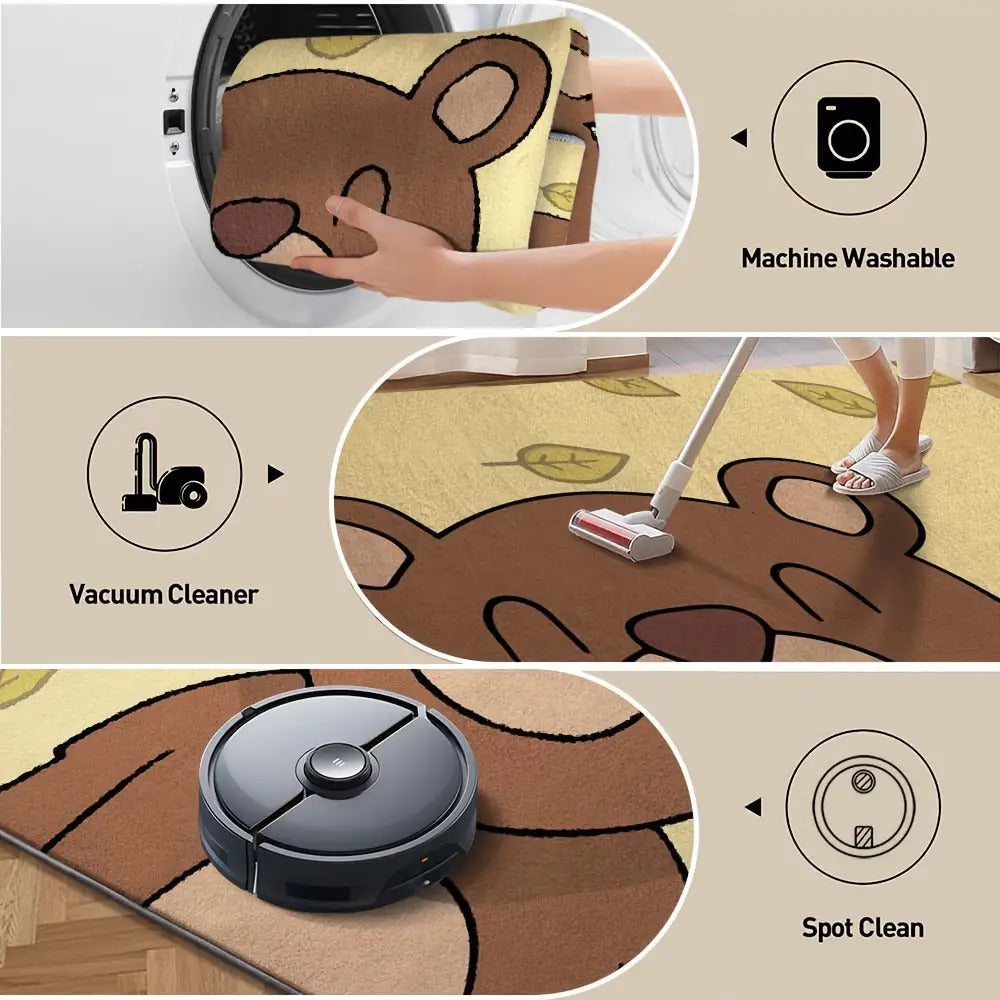 Modern Vintage Bear & Leaf Pattern Mat - Soft Polyester Square Mat with & Brown Striped Design, Machine Washable, Non-Slip Backing for Living Room, Bedroom, Office - Cozy Home Decor In Earthy Tones, Rugs For Living Room, Bedroom Accent